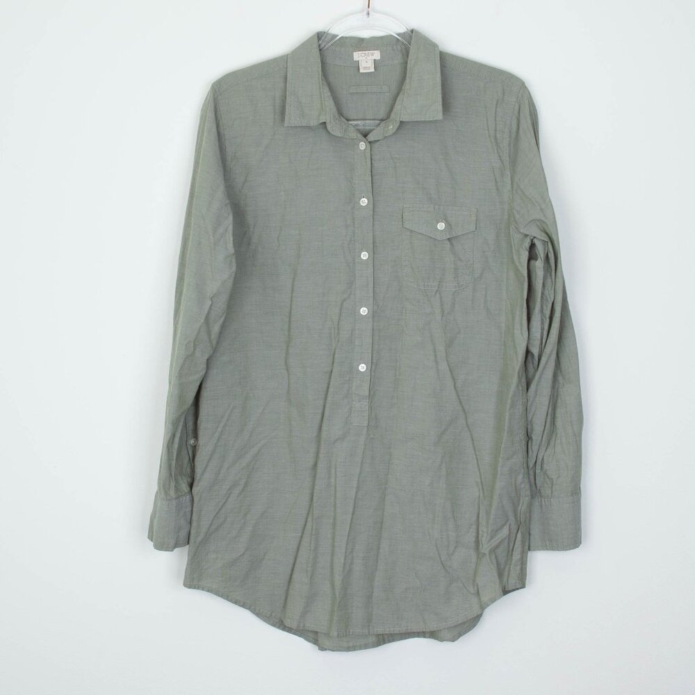 J. Crew Womens Cotton Popover Tunic Top Size M Green Roll Tab Sleeve Lightweight